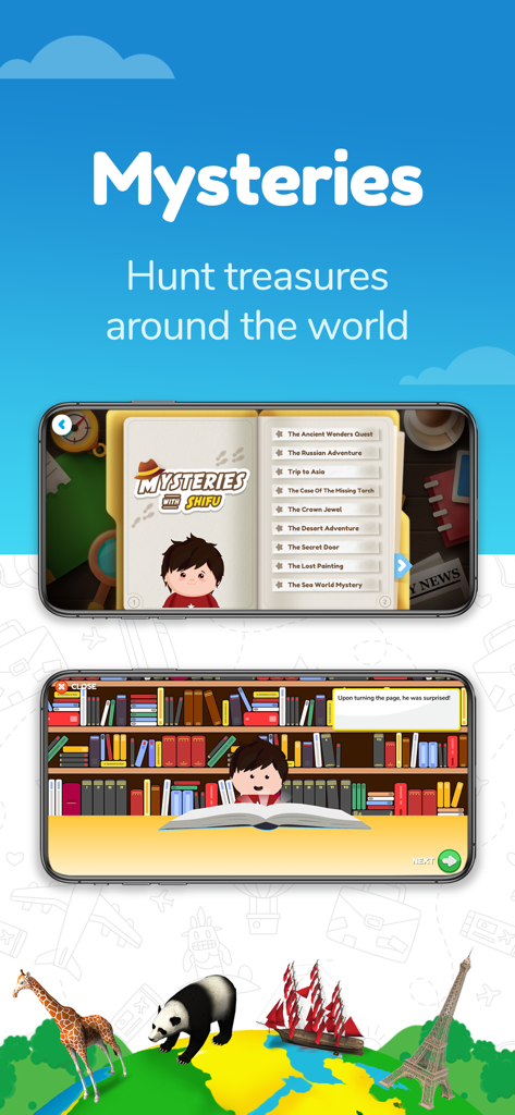 Orboot Earth AR by PlayShifu - 교육용 앱 화면으로 세계 주변의 미스터리 퀘스트 및 보물 찾기 모험 표시