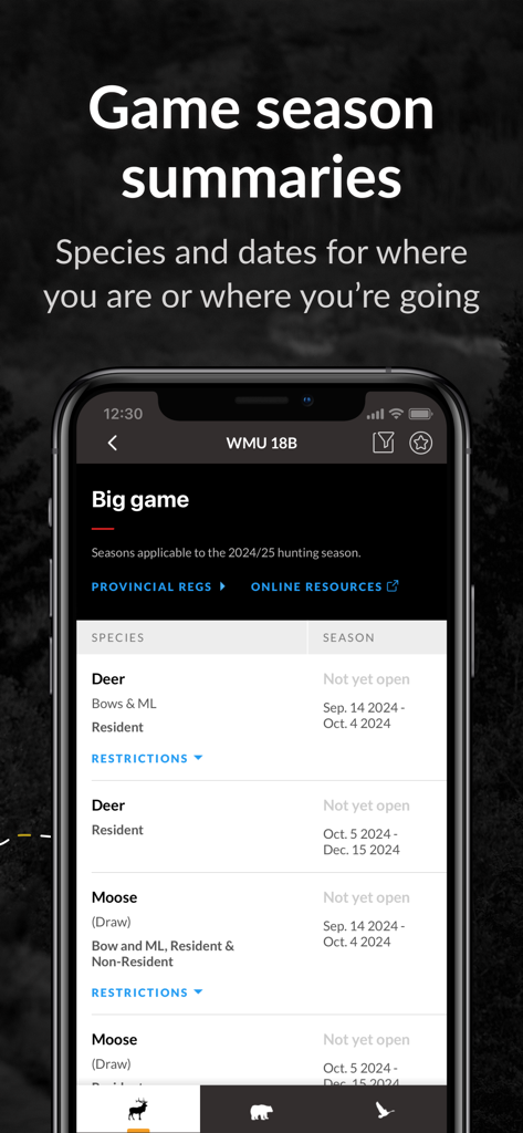 iHunter - iHunter app screen showing hunting season dates and summaries for deer and moose