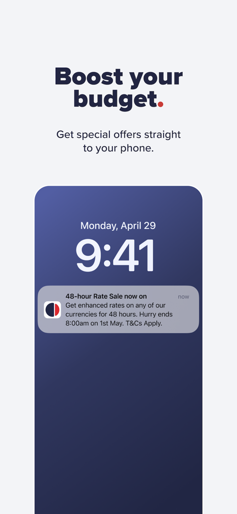 Travelex Travel Money - Smartphone lock screen displaying a Travelex app notification for a 48-hour currency rate sale