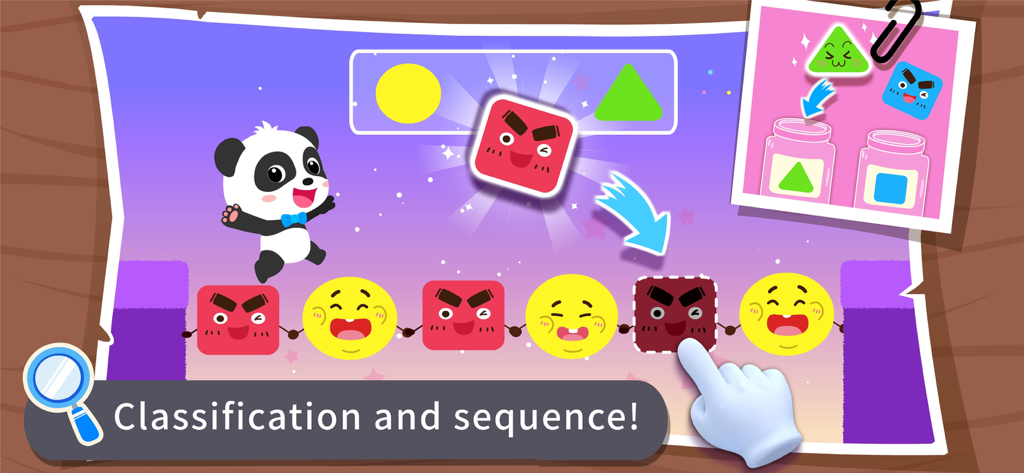 Educational game screen from Baby Panda Math Adventure showing a shape classification and sequence puzzle for kids