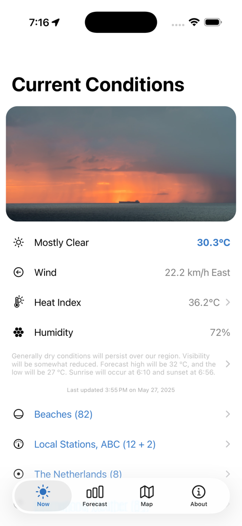 Curaçao Weather & Beaches - Mobile app interface showing current weather conditions for Curacao with a sunset ocean background