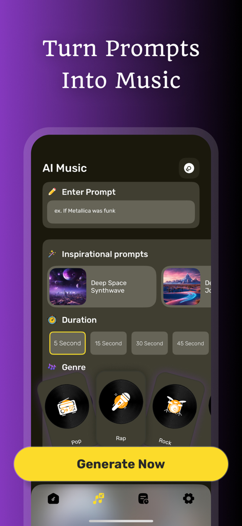 AI Music Cover & Songs - Interface for turning text prompts into music within the AI Music Cover app