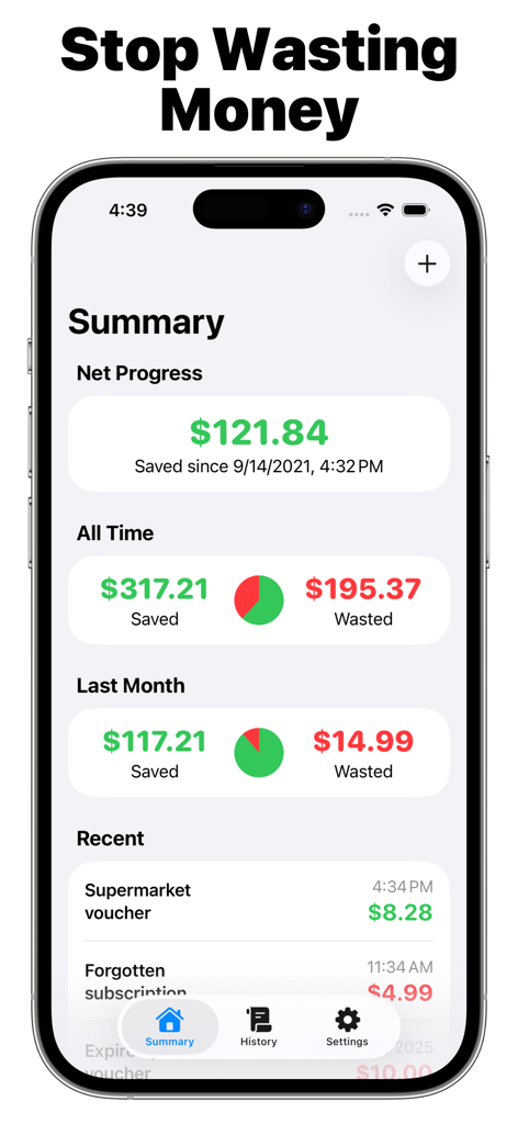 Money Habit Tracker: How Much? - A financial summary screen in the Money Habit Tracker app showing saved versus wasted money amounts and recent transactions.