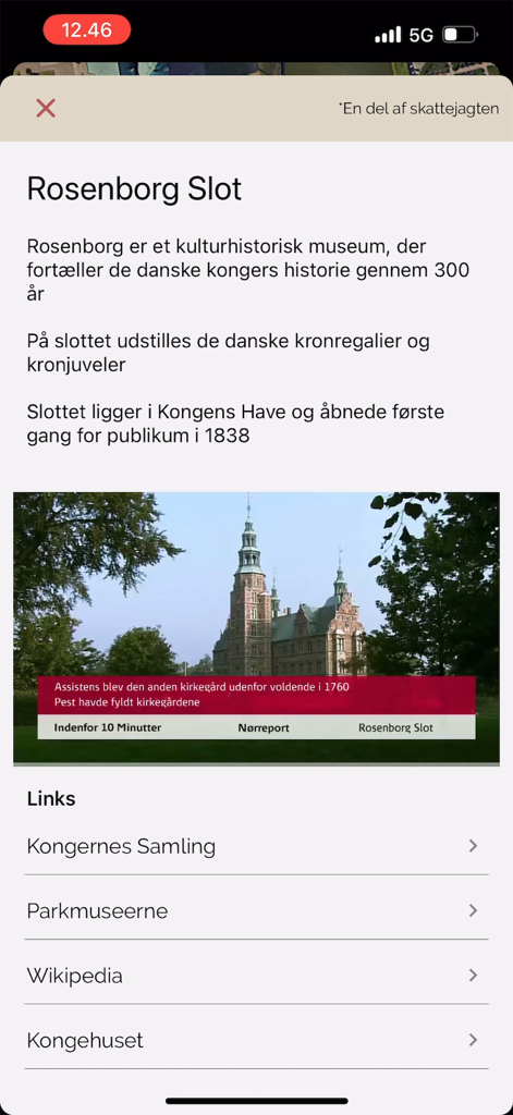Detail screen for Rosenborg Castle in the Copenhagen Light Festival app featuring a description and resource links
