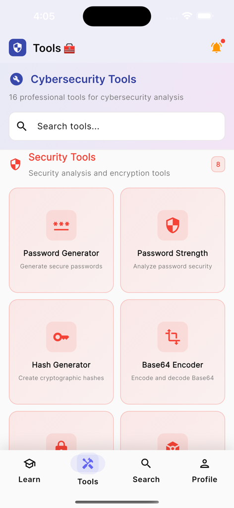 Ein mobiler Bildschirm, der Cybersicherheits-Tools wie Passwortgenerator und Hash-Generator in der CyberLearn Pro App anzeigt.