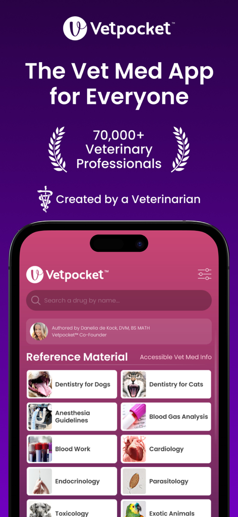 Vetpocket - Vet Calc & Drugs - Vetpocket mobile app showing clinical reference categories including dentistry, anesthesia, cardiology, and blood work for veterinary professionals.