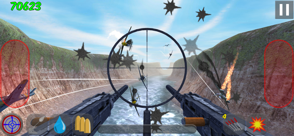 First-person perspective of a WWII tail gunner engaging enemy fighters in a canyon.