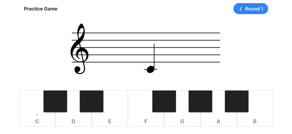 Read Notes Game - Notenlese-Übungsspiel-Oberfläche mit Violinschlüssel und beschriftetem Klavierkeyboard