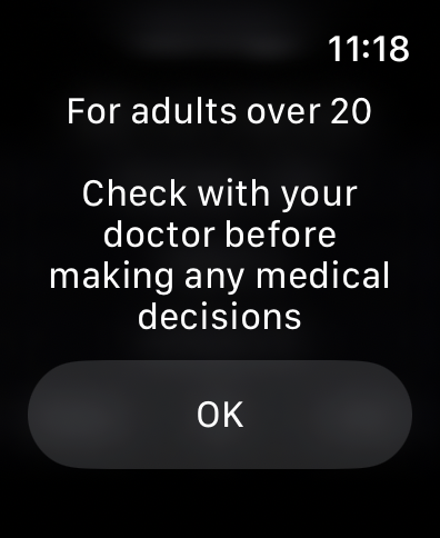 Medical disclaimer screen on the WatchBMI Apple Watch app stating that it is for adults over 20 and advising users to consult a doctor.