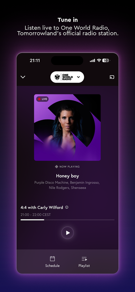Tomorrowland - Tomorrowland app interface showing the One World Radio live stream player