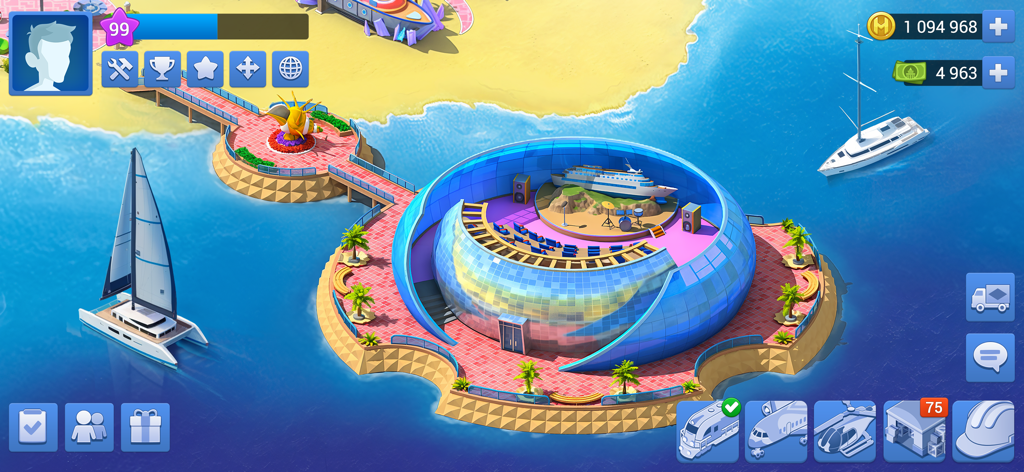 Una cupola di intrattenimento futuristica e barche a vela nell'area costiera di Megapolis City Building Sim