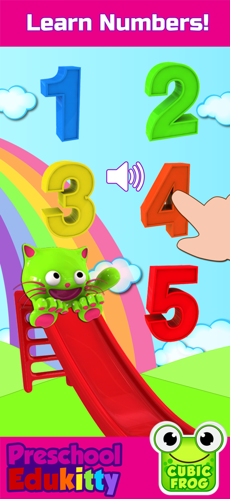 Preschool EduKitty-Kids Games - Pantalla de la aplicación Preschool EduKitty que muestra una colorida actividad de aprendizaje de números con un gatito verde en un tobogán
