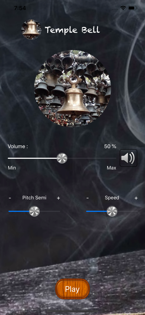 Temple Bell - Temple Bell app interface featuring sound customization sliders for volume pitch and speed