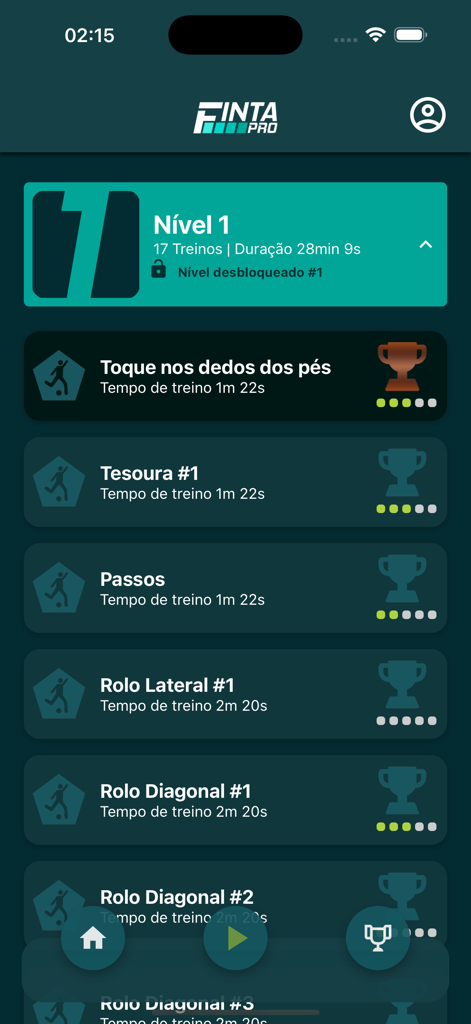 Finta PRO - Lista de exercícios de treinamento de futebol e níveis de habilidade no aplicativo Finta PRO