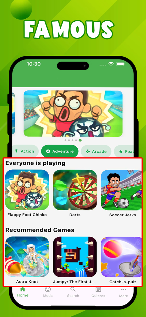 HappyMod app home screen showing various game categories and recommended titles