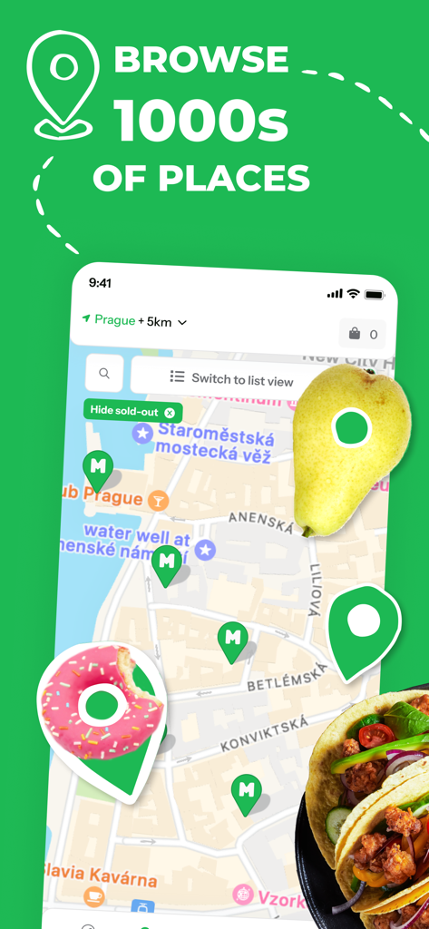 Nesnězeno: Save tasty food! - Interfaz de mapa de la aplicación Nesnezeno que muestra ubicaciones para buscar y guardar comida excedente de negocios locales