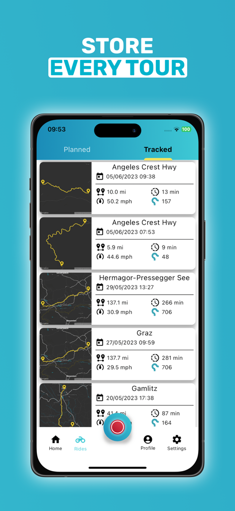 Motobit motorcycle navigation - Motobit app screen showing a list of recorded motorcycle rides with maps and performance statistics