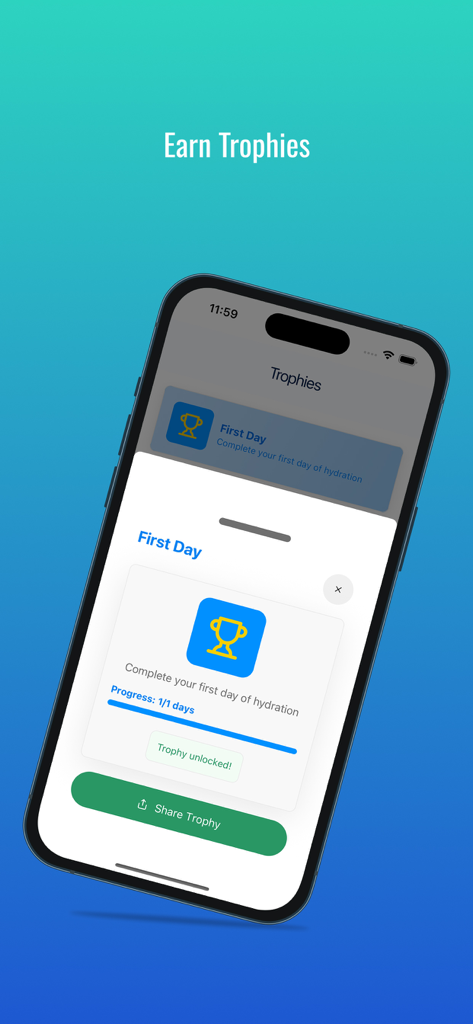 Water Tracker AI - Mobile screen of Water Tracker AI app showing an unlocked First Day trophy for completing a hydration goal.