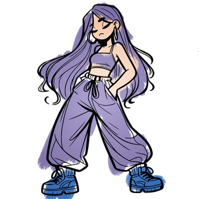 girl in baggy pants crop top and long hair