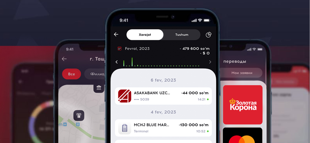 Interfaz de la aplicación móvil Asakabank que muestra el historial de transacciones y las funciones bancarias
