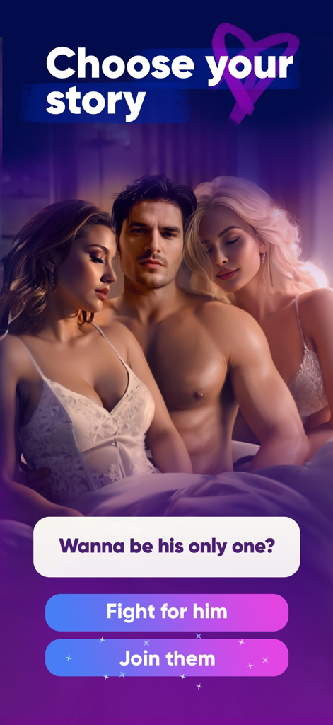 My Hot Diary: Love Story Games - An interactive story screen from My Hot Diary where the player chooses between fighting for a man or joining a group in a sensual bedroom scene