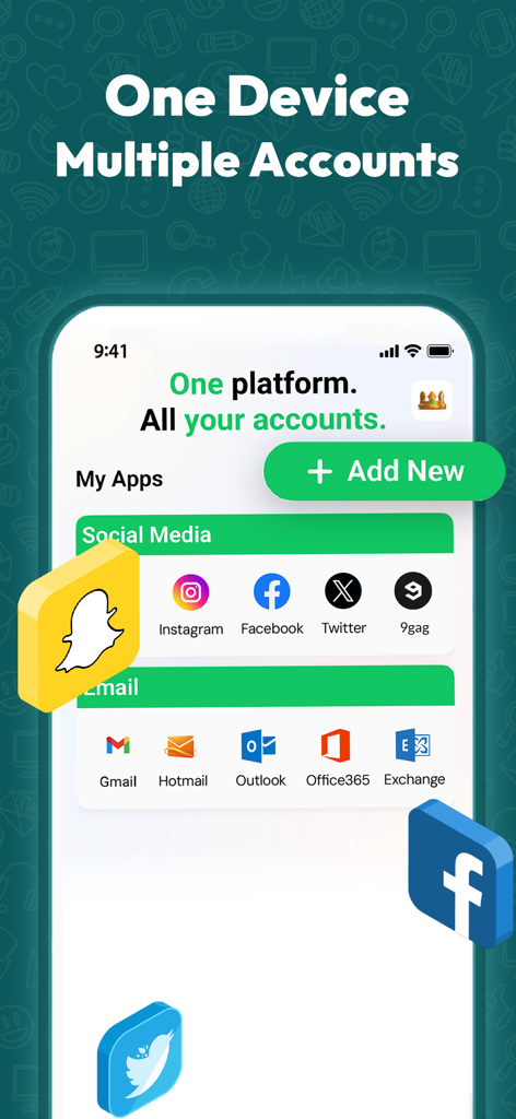 WA Dual Messenger for WhatsApp - Pantalla de aplicación móvil que muestra la gestión de múltiples cuentas de redes sociales y correo electrónico en una sola plataforma