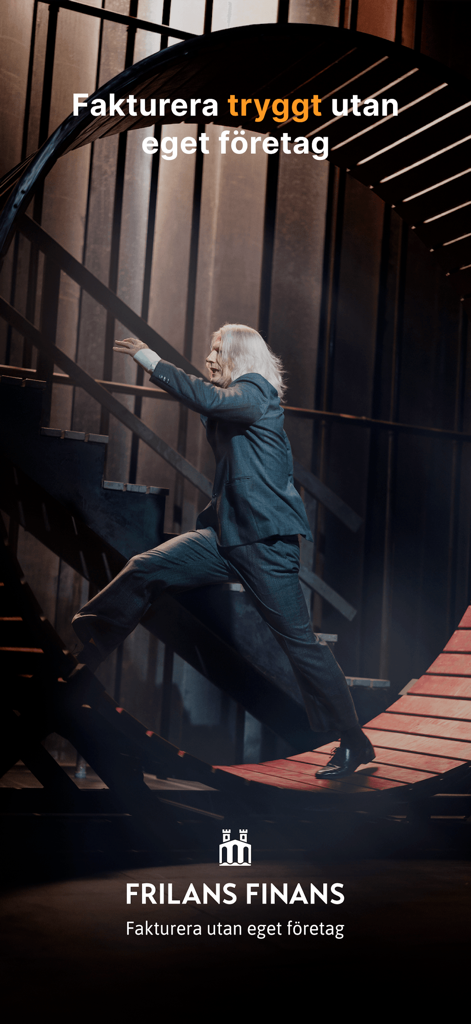 Frilans Finans - Pantalla de presentación de la aplicación Frilans Finans con un hombre de traje y el eslogan sueco para facturación segura sin empresa.