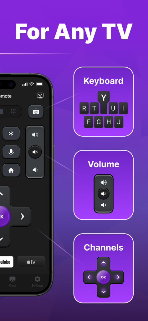 Universelle TV-Fernbedienungs-App-Oberfläche mit Tastatur-, Lautstärke- und Kanalkontrollen