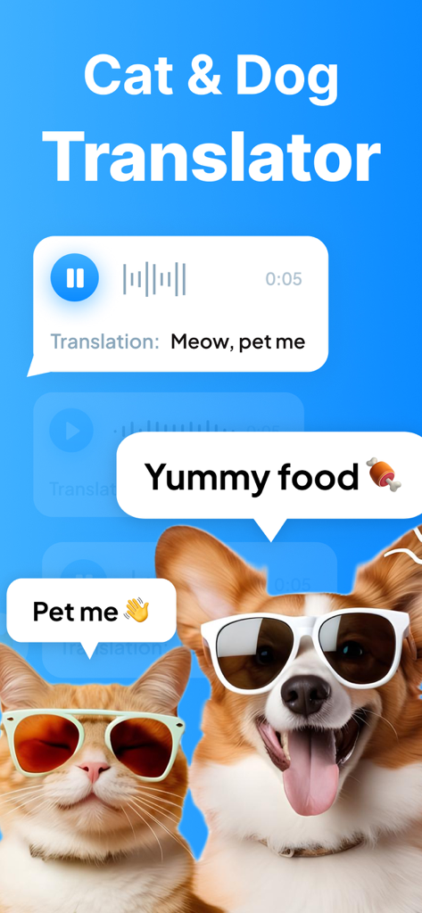 Dog & Cat Translator. - Pantalla de la aplicación Traductor de Perros y Gatos mostrando un gato y un perro con bocadillos de diálogo divertidos