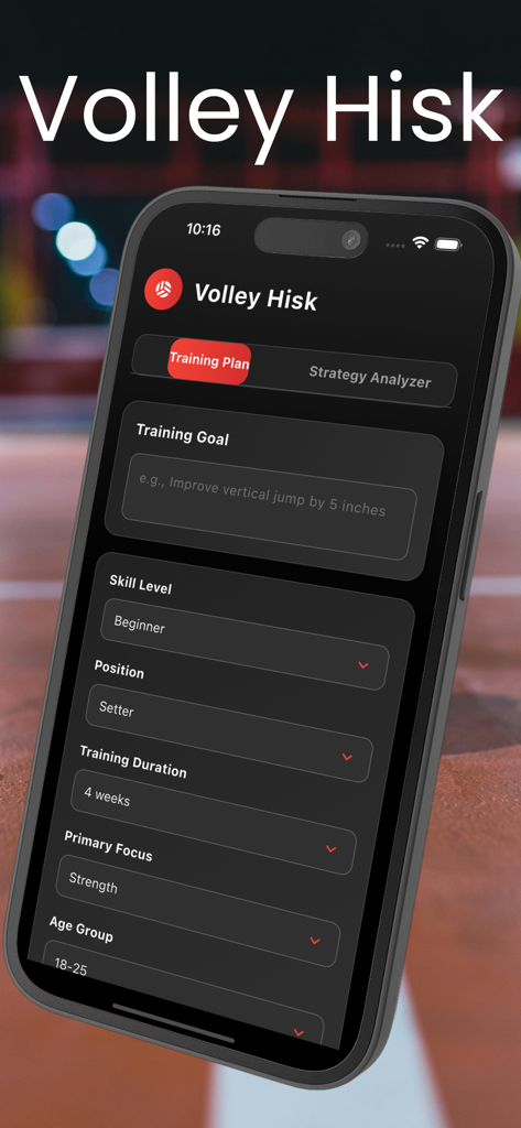 Interfaz de la aplicación Volley Hisk para configurar un plan de entrenamiento de voleibol personalizado que incluye el nivel de objetivo y habilidad