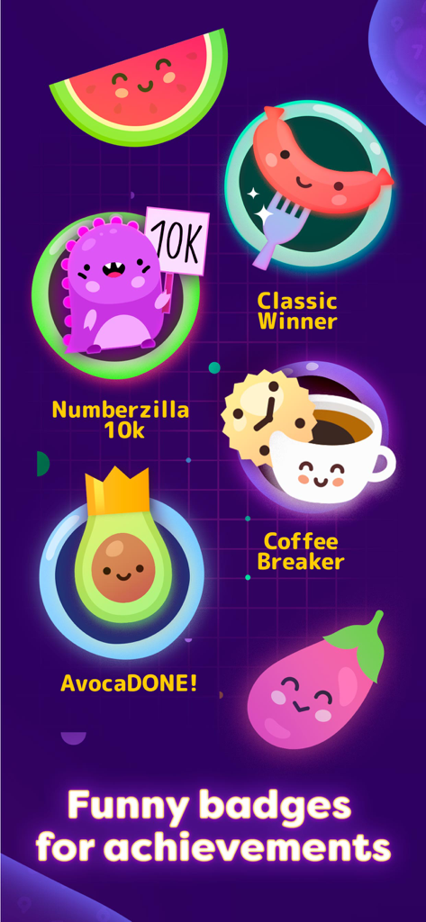 Numberzilla: Number Match Game - Numberzillaのかわいい食べ物のキャラクター（アボカドやコーヒーカップなど）をフィーチャーしたカラフルな実績バッジ。