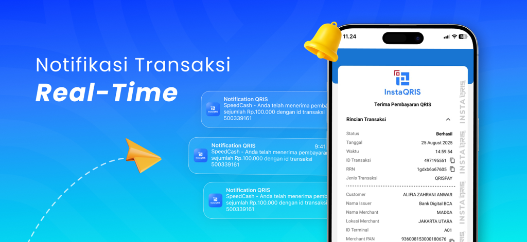 InstaQRIS Cepat & Aman - Interface de l'application InstaQRIS montrant les notifications de transaction en temps réel sur un écran d'iPhone