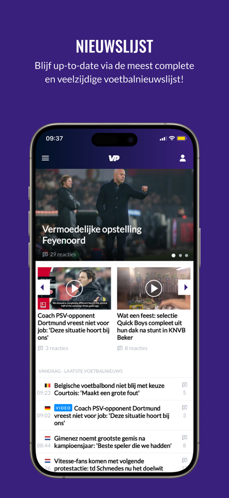 Voetbalprimeur - Voetbalprimeur app news feed showing football articles and videos