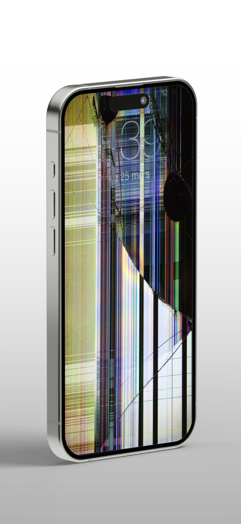 An iPhone with a cracked screen wallpaper featuring vertical glitch lines and black spots