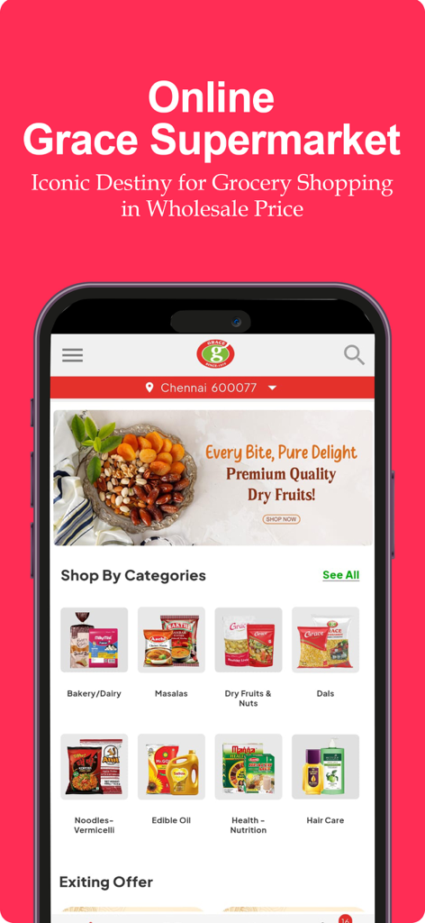Grace Online Supermarket - Grace Online Supermarket app interface showing grocery categories like masalas and dry fruits with wholesale price messaging.