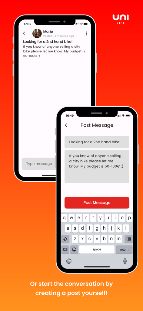 Uni-Life - Mobile interface of the Uni-Life app showing a student creating a community post to connect with peers