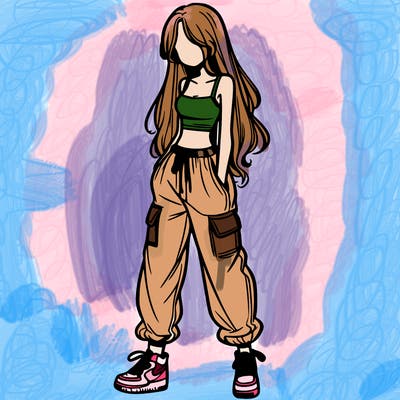 girl in baggy pants crop top and long hair