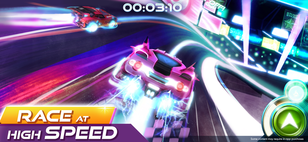 Two neon-lit cars racing on a glowing futuristic track in Race Craft