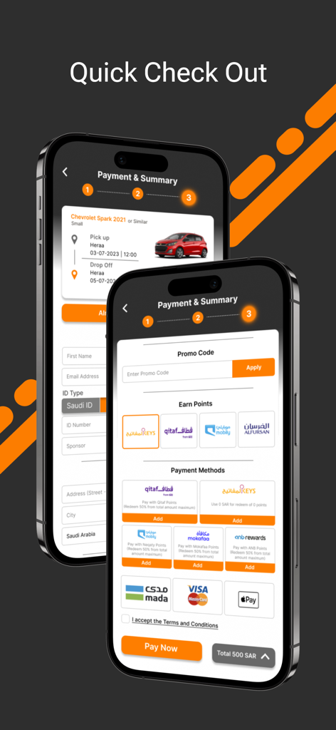 Key Car Rental - La pantalla de pago y resumen de la aplicación Key Car Rental, mostrando varios métodos de pago y un proceso de pago rápido.
