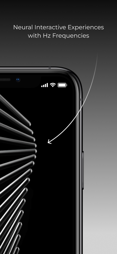 Lamda Hz: Frequency Portal - Lamda Hzアプリのインターフェースが表示されたiPhone。3D幾何学パターンとニューラルインタラクティブエクスペリエンスに関するテキストが表示されています。