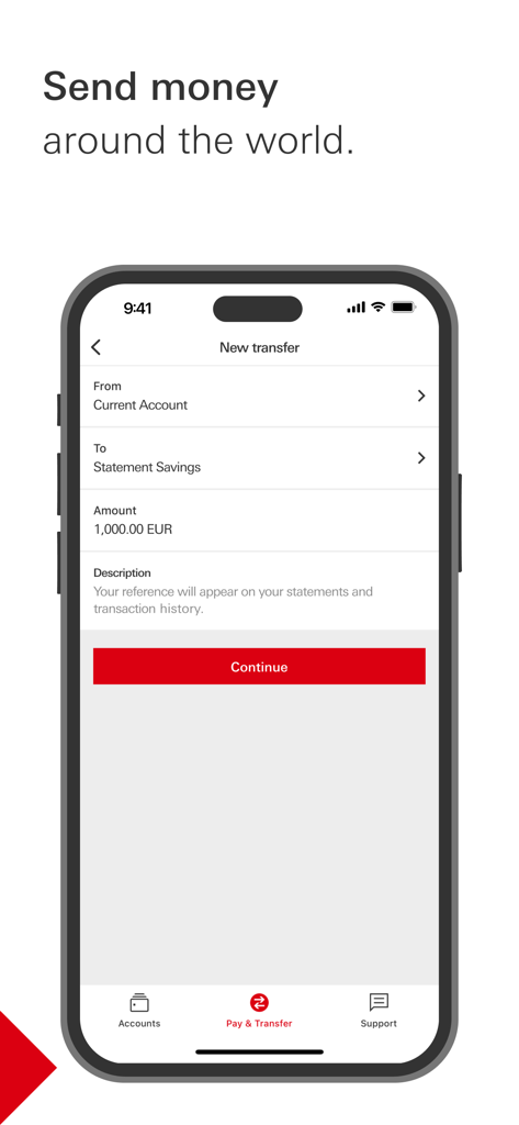 Écran de téléphone mobile de l'application HSBC Malte affichant une page de nouvelle transaction de transfert d'argent.