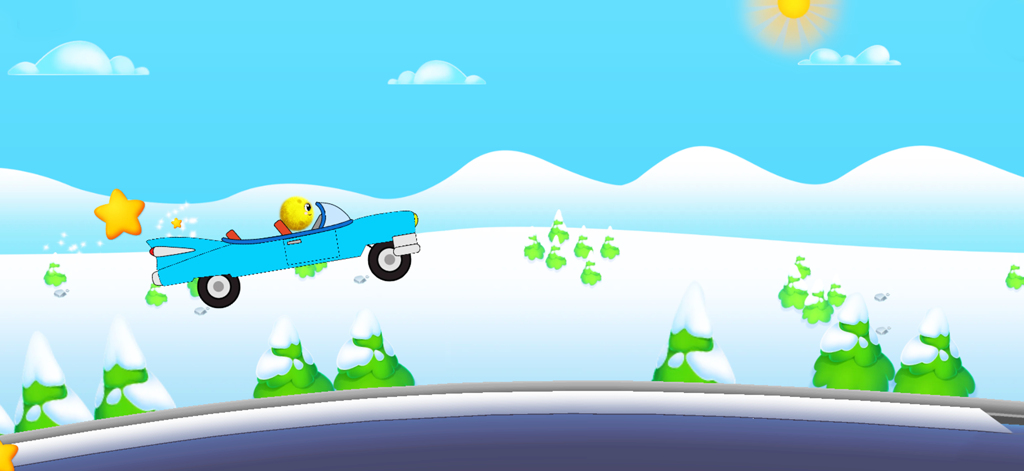 A blue cartoon car jumping over snowy hills in the Kidduca learning app