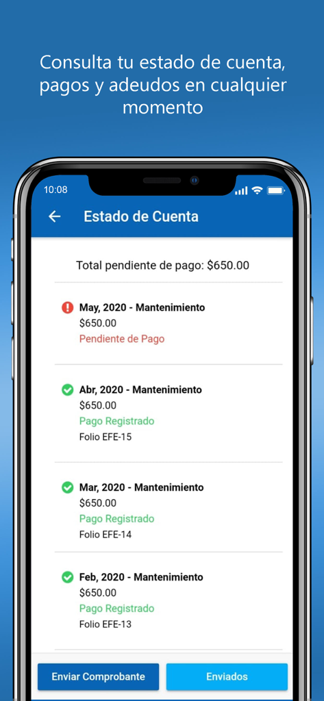 Residentia - Estratto conto dell'app Residentia che mostra la cronologia dei pagamenti di manutenzione e le quote in sospeso.