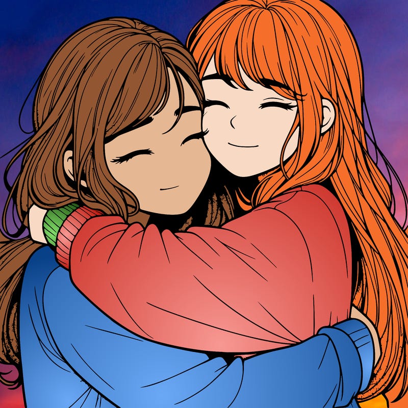 realistic two girls hugging