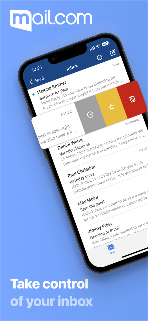Captura de tela do aplicativo mail.com na caixa de entrada do iPhone mostrando ações de deslizar para gerenciar e-mails