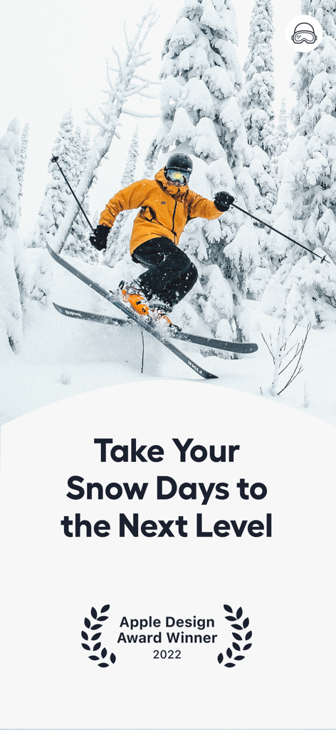 Skifahrer führt einen Sprung in einem verschneiten Wald aus, mit dem Logo des Apple Design Award 2022.