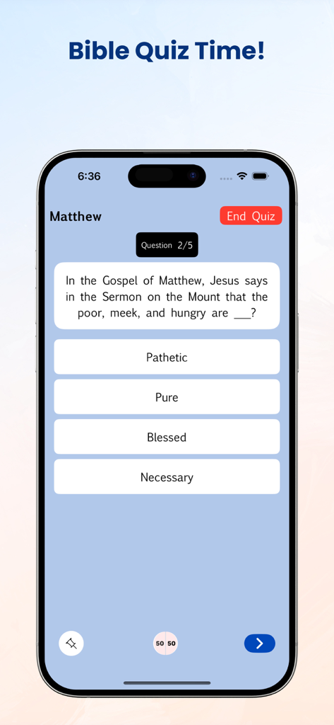 Interface de l'application Bible RSV affichant une question de quiz biblique avec des réponses à choix multiples.