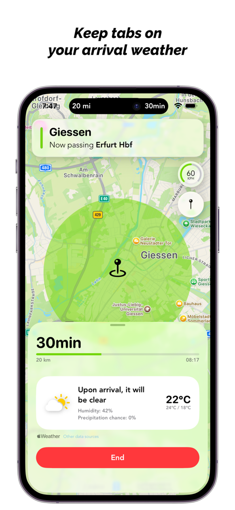 Schermata dell'app FlixTrain Destinations che mostra una mappa di viaggio in tempo reale e le previsioni del tempo di arrivo.