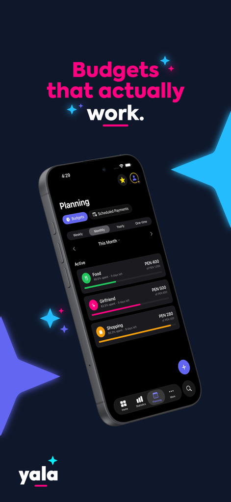 Der Planungsbildschirm der Yala-Finanz-App mit monatlicher Budgetverfolgung und Fortschrittsbalken für verschiedene Kategorien