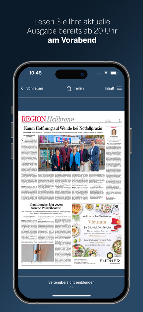 Mobile interface of the Stimme App displaying a digital replica of the Heilbronn regional newspaper